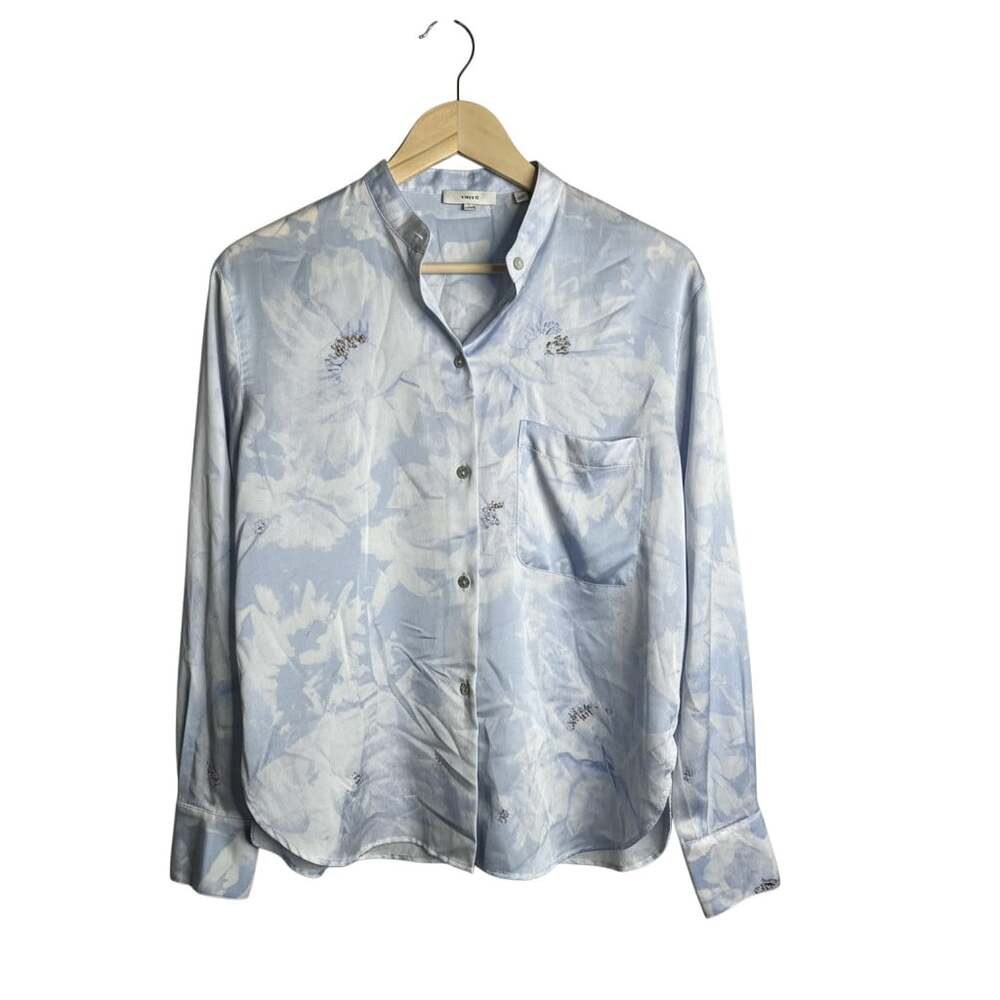Vince Painted Magnolia Band Collar Blouse Size Medium Blue Floral Button Up - Picture 2 of 5
